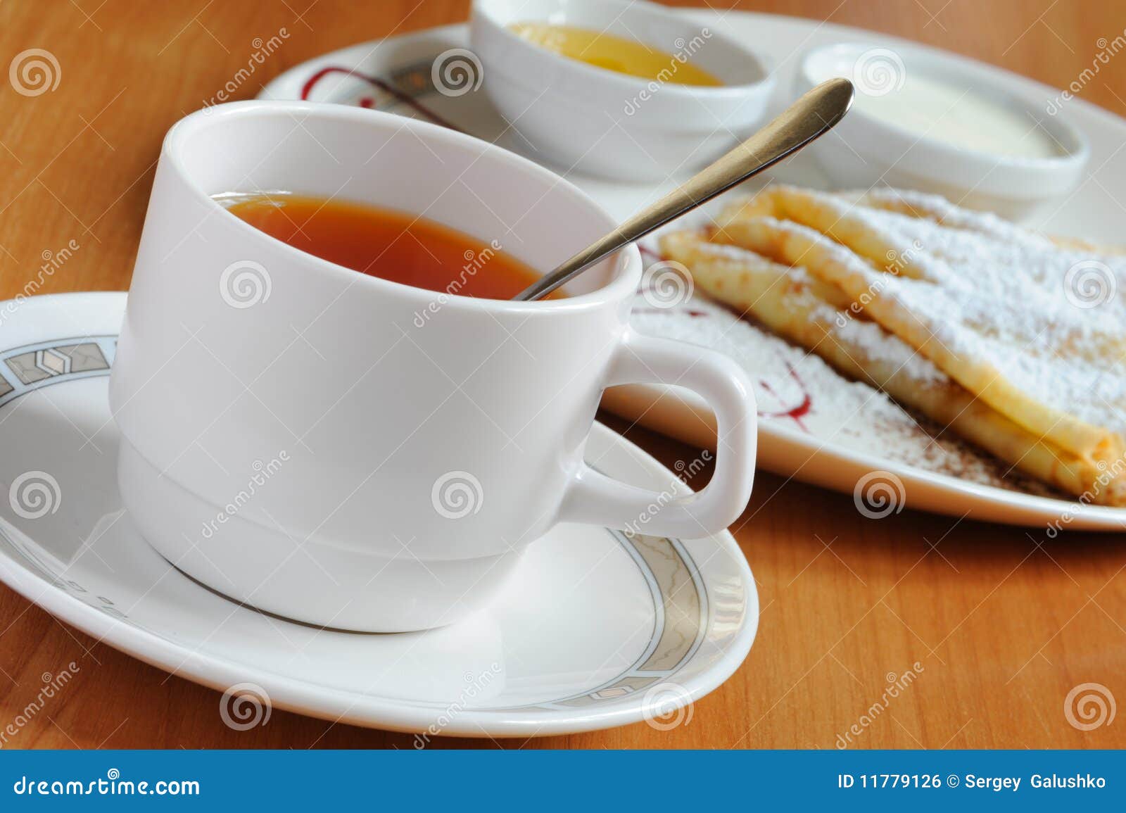 Tea and Pancakes with Powdered Sugar Stock Photo Image of heat