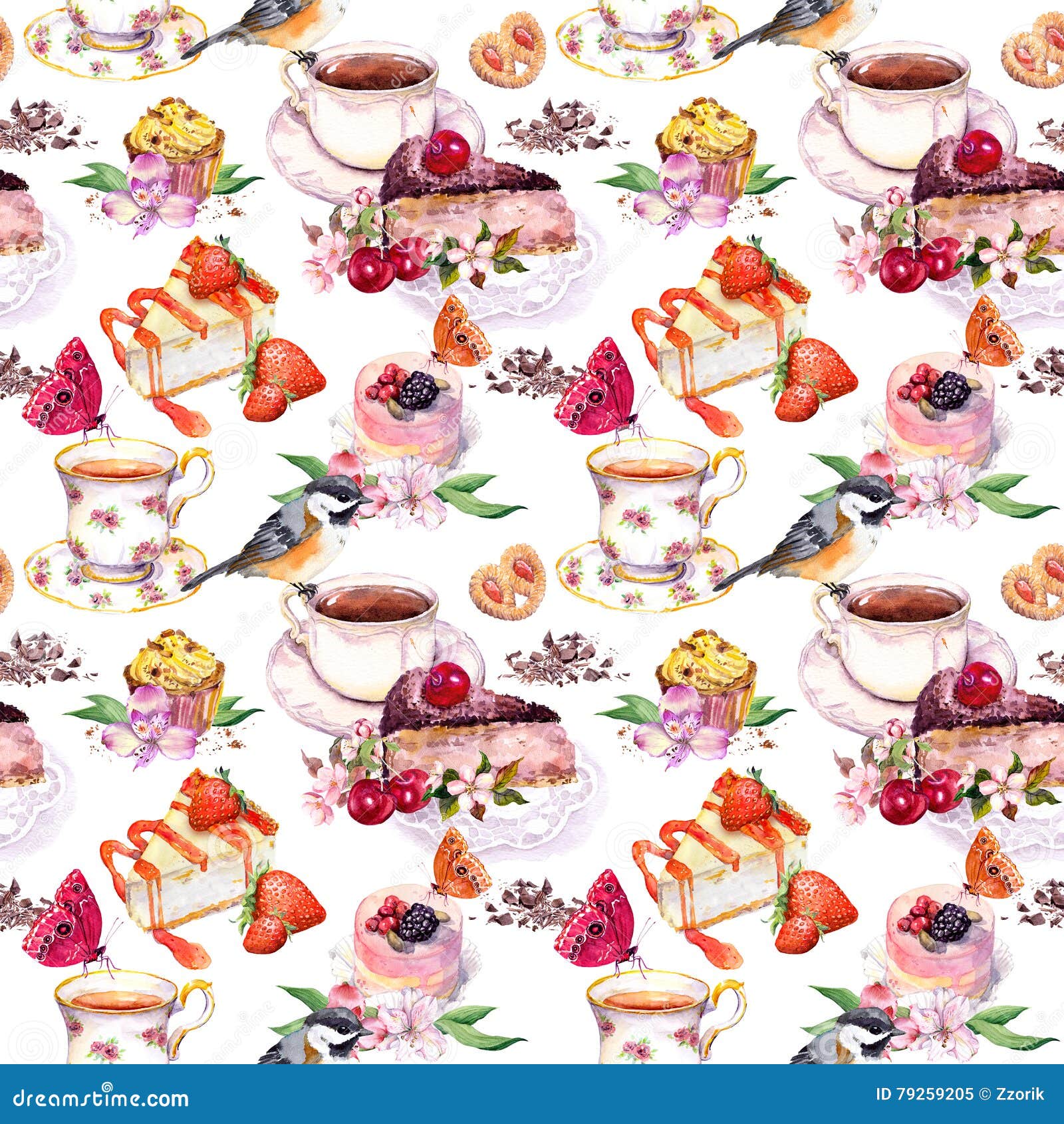 tea pattern - flowers, teacup, cakes, bird. food watercolor. seamless background