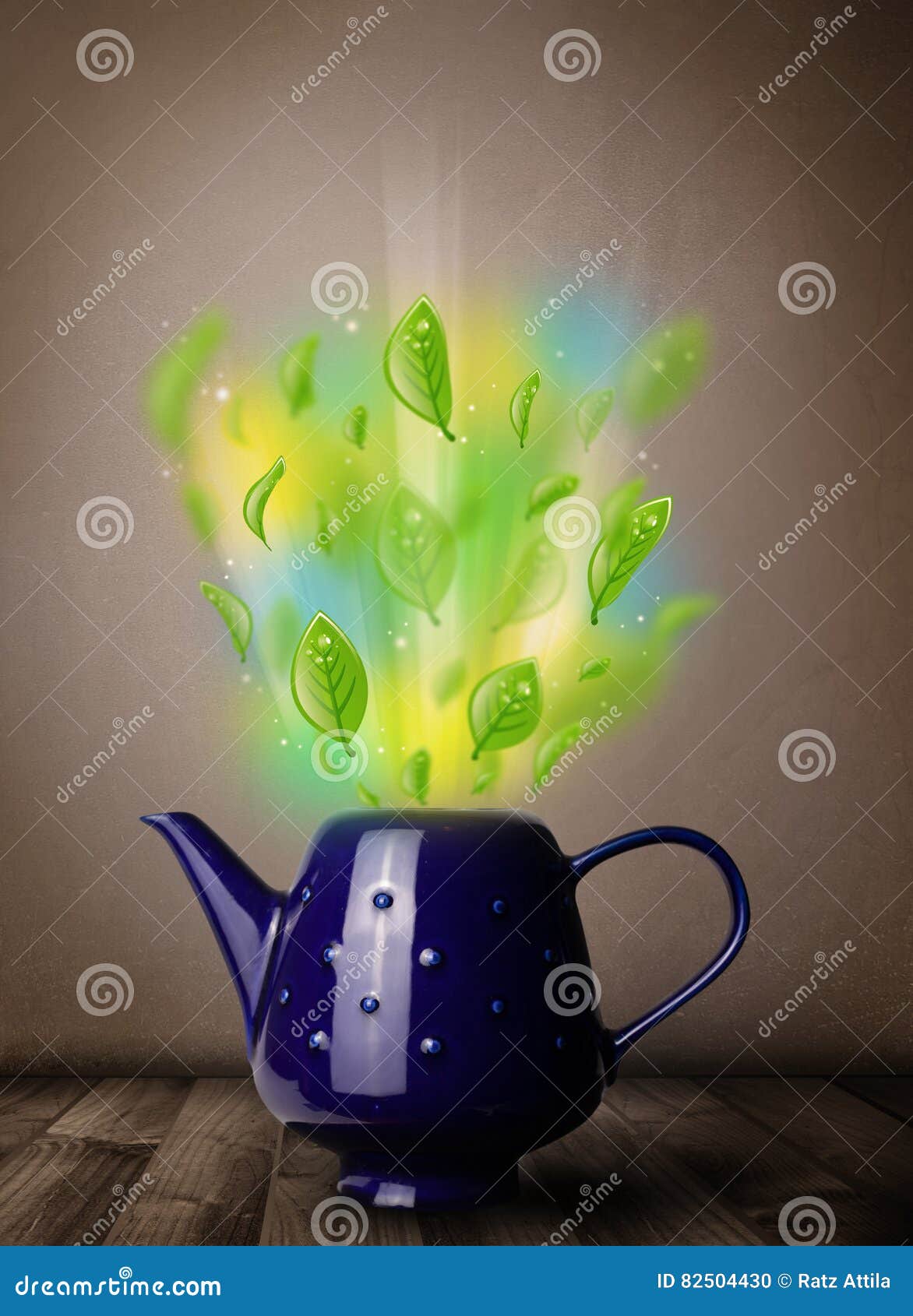 Tea Pot with Leaves and Colorful Abstract Lights Stock Photo Image of