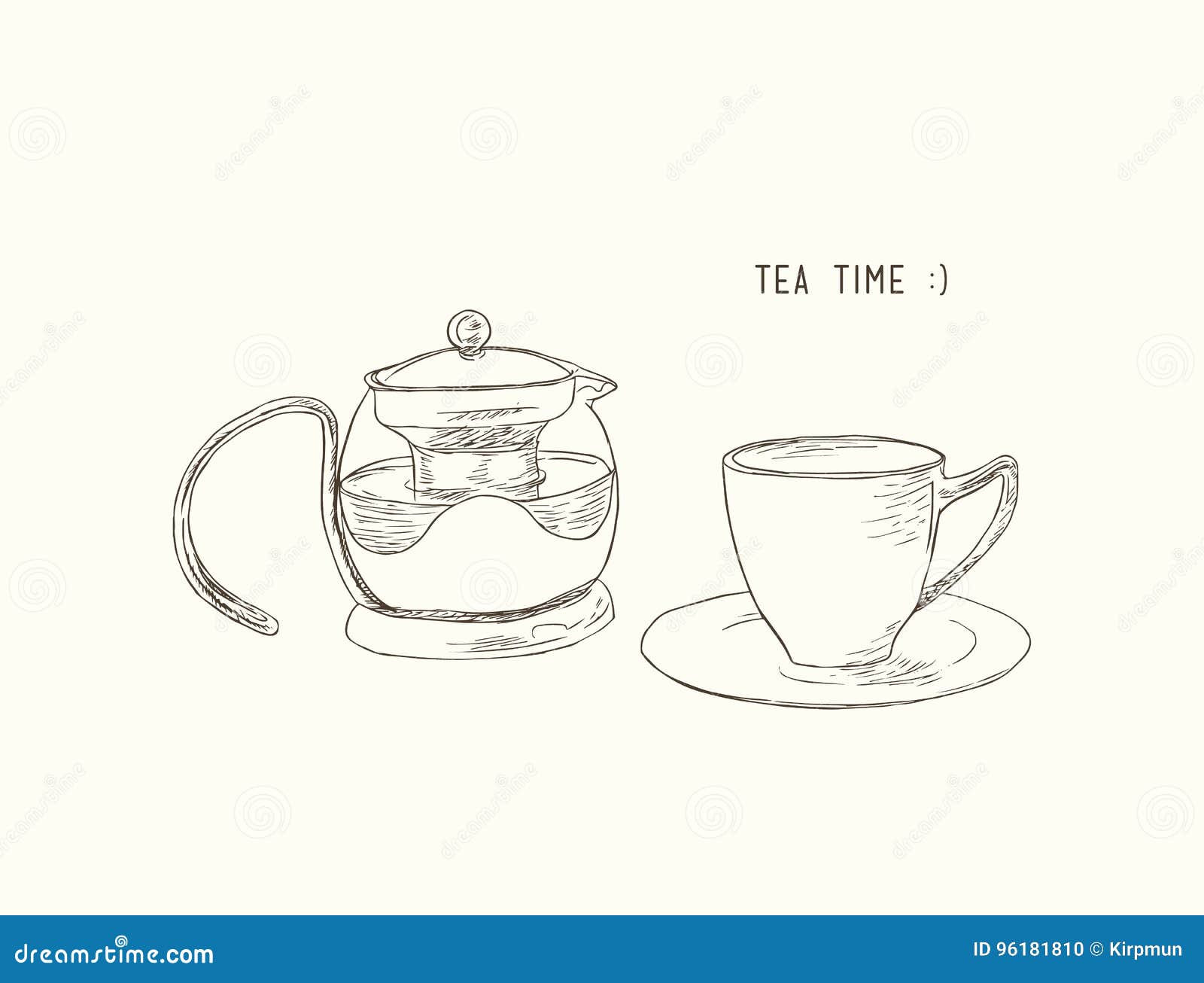 Tea Set , Kettle and Cup , Sketch Vector. Stock Vector Illustration