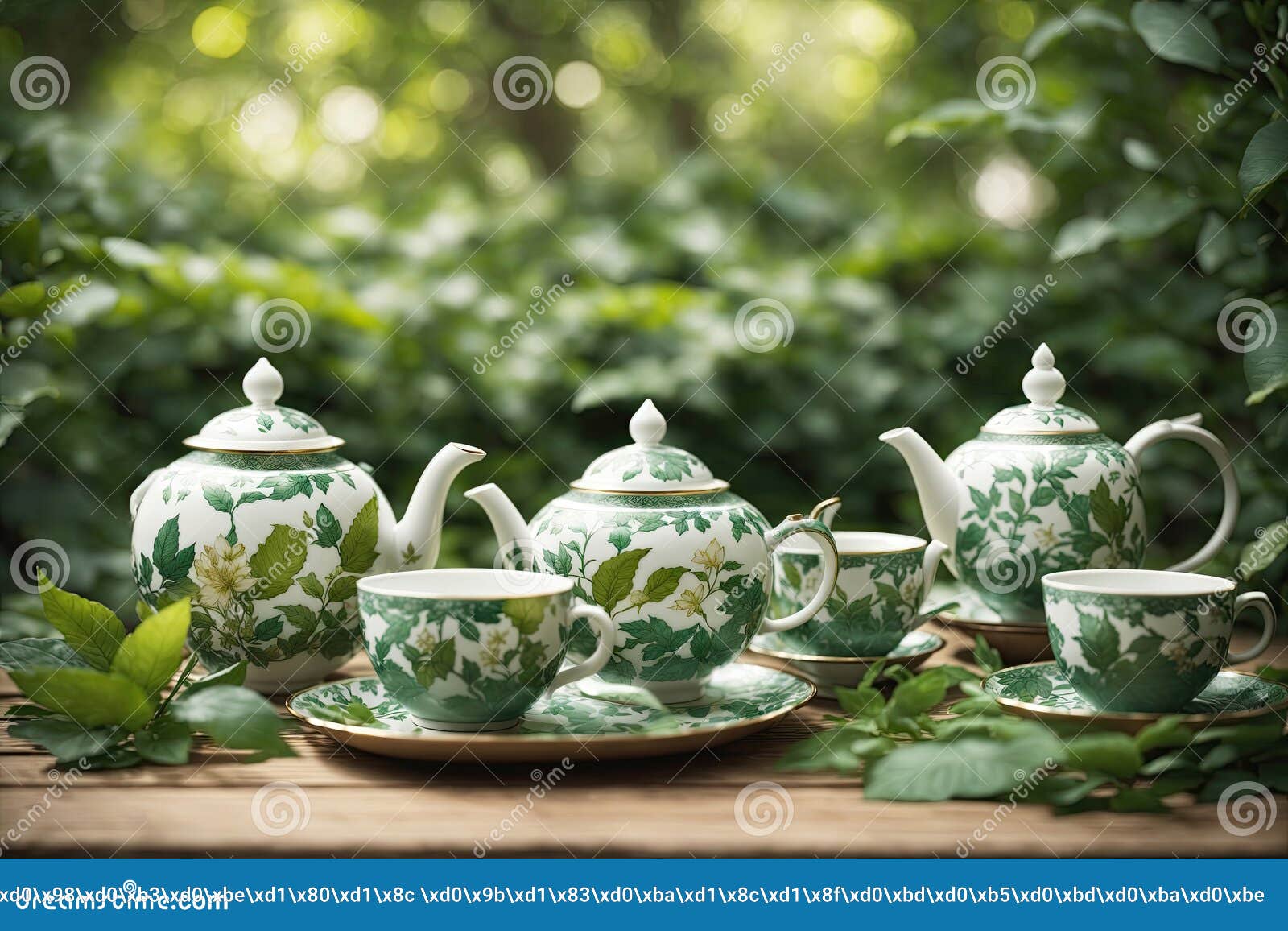 Tea Set with a Pattern of Green Leaves. Ai Generative Stock