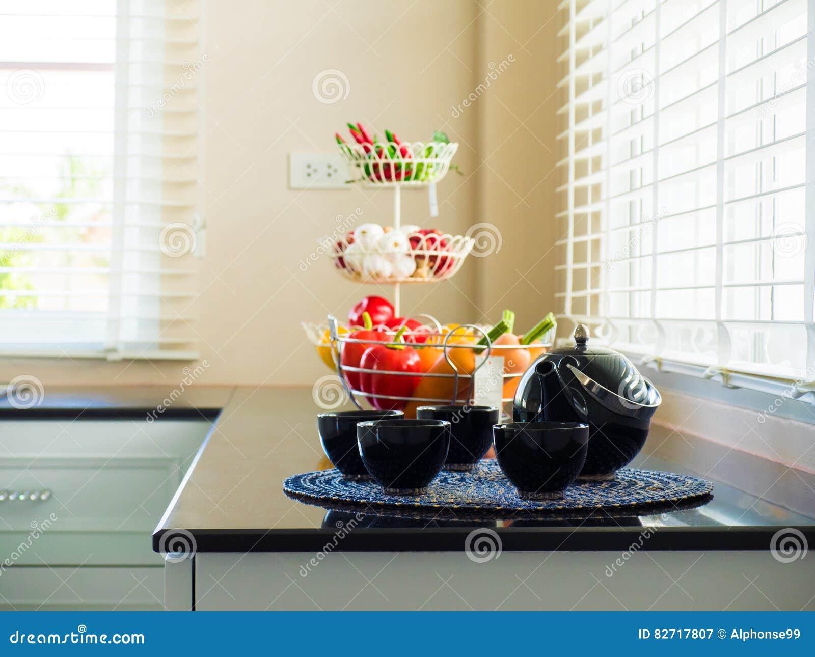 Tea Set and Vegetables in Kitchen Concept Fo Health and Interior Stock