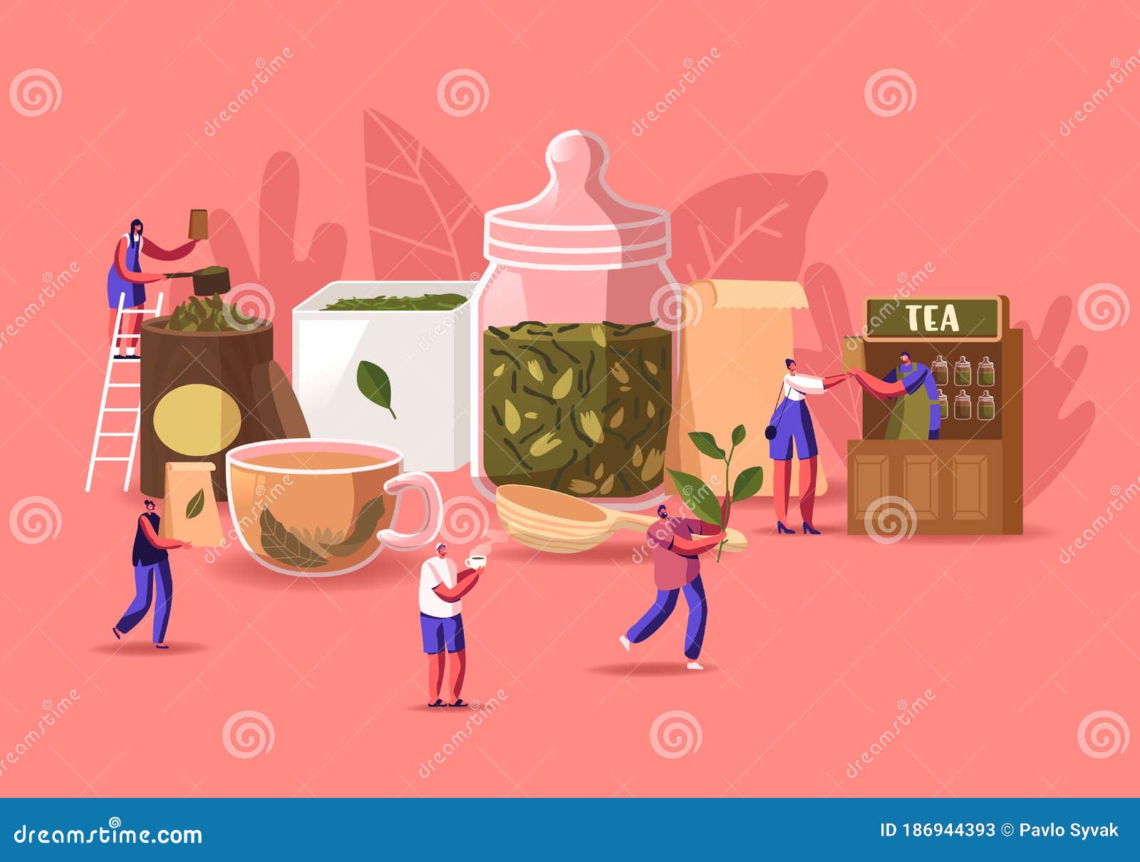 Tea Shop Concept. Tiny Male and Female Characters Packing, Sell and Buying  Dry Tea Leaves at Huge Glass Jar Stock Vector - Illustration of collecting,  cartoon: 186944393