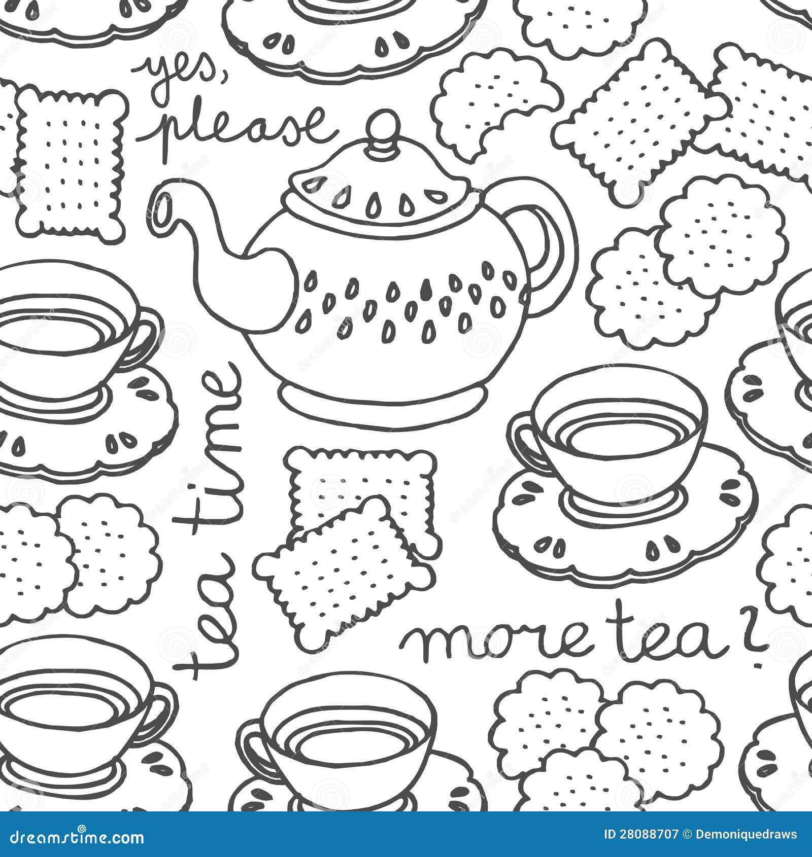 tea time monochrome seamless pattern