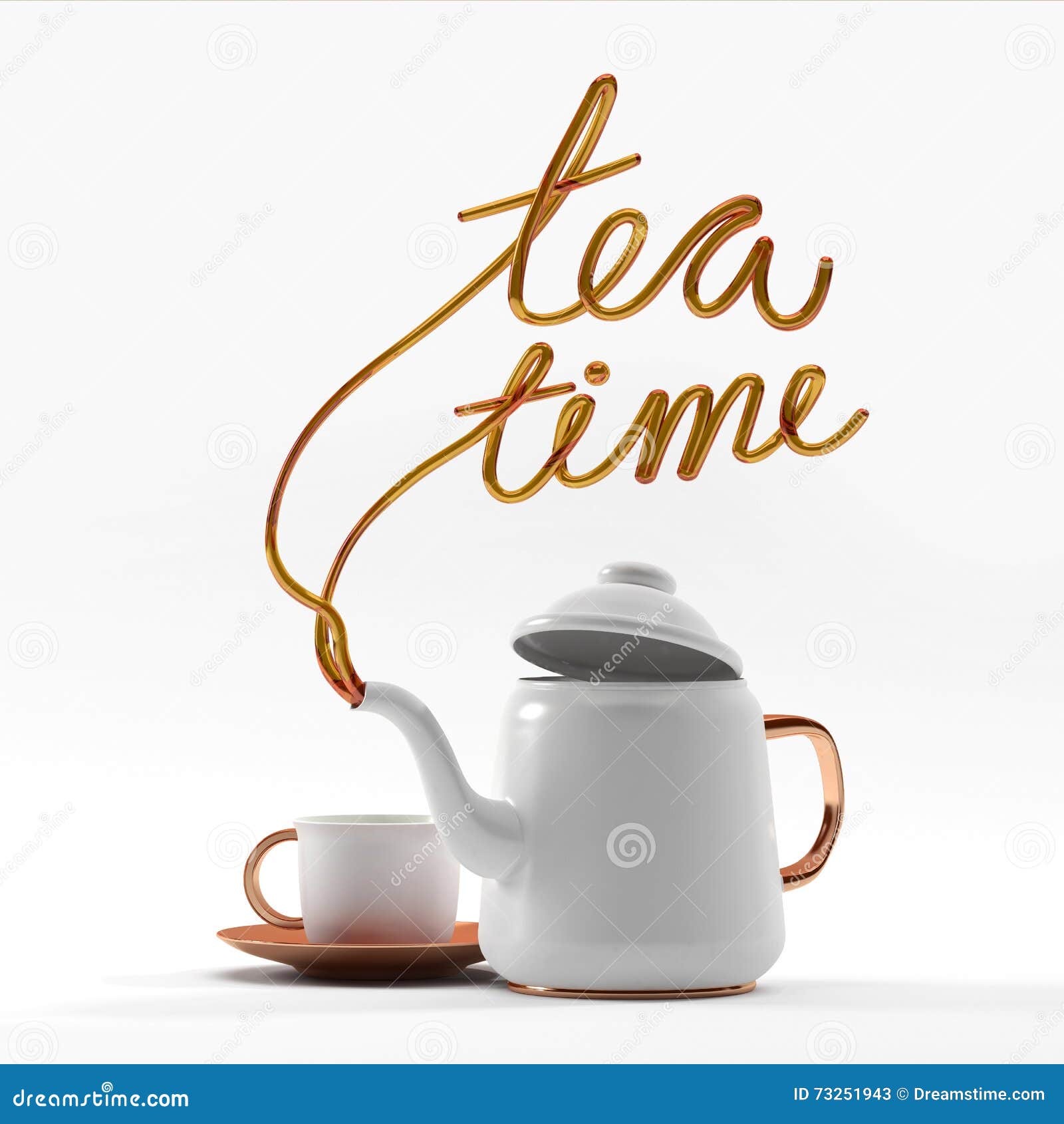 Tea Time Quote with Teapot and Cup 3D Rendering 3D Illustration Stock