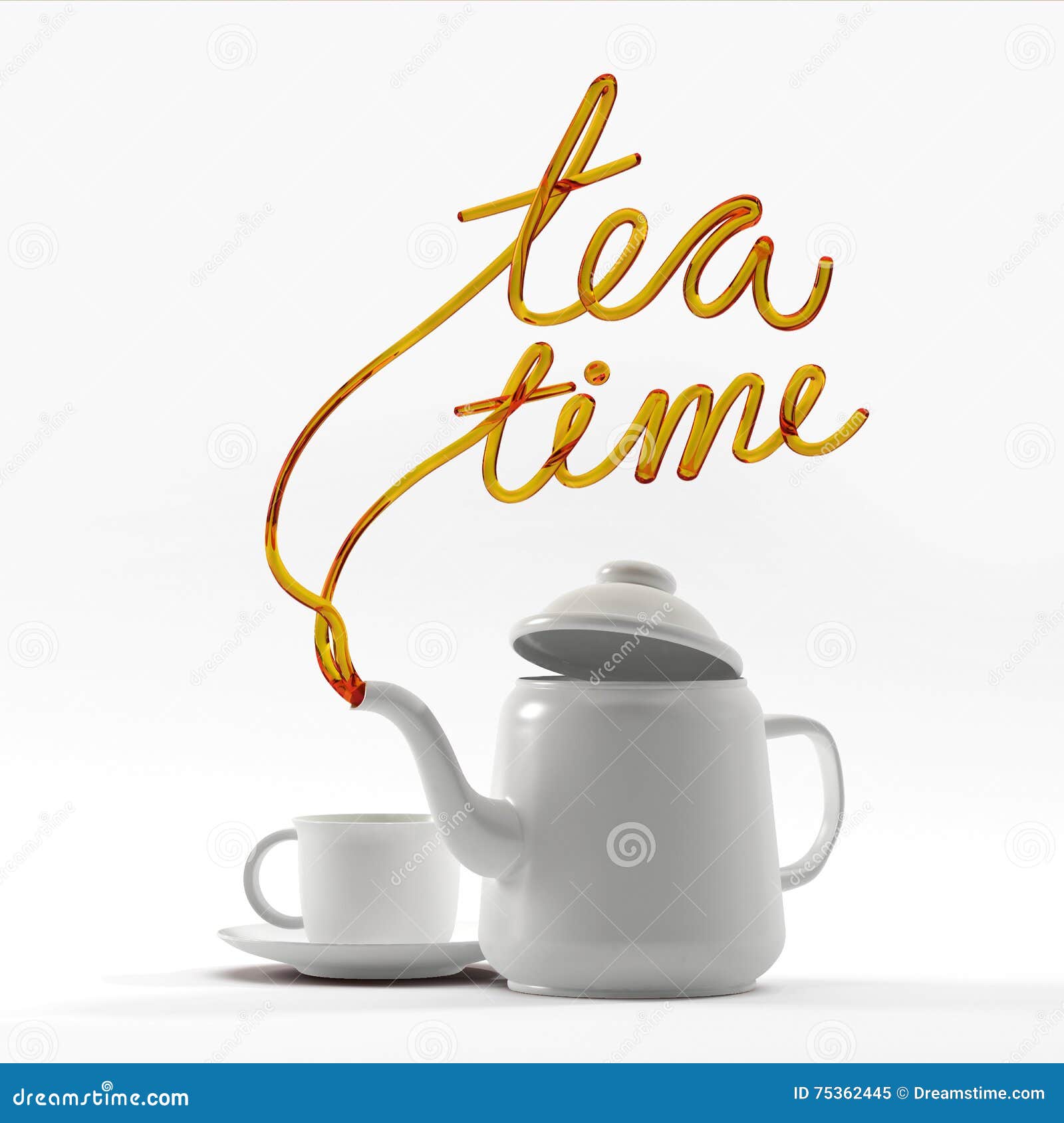 Tea Time Quote with Teapot and Cup 3D Rendering Stock Illustration