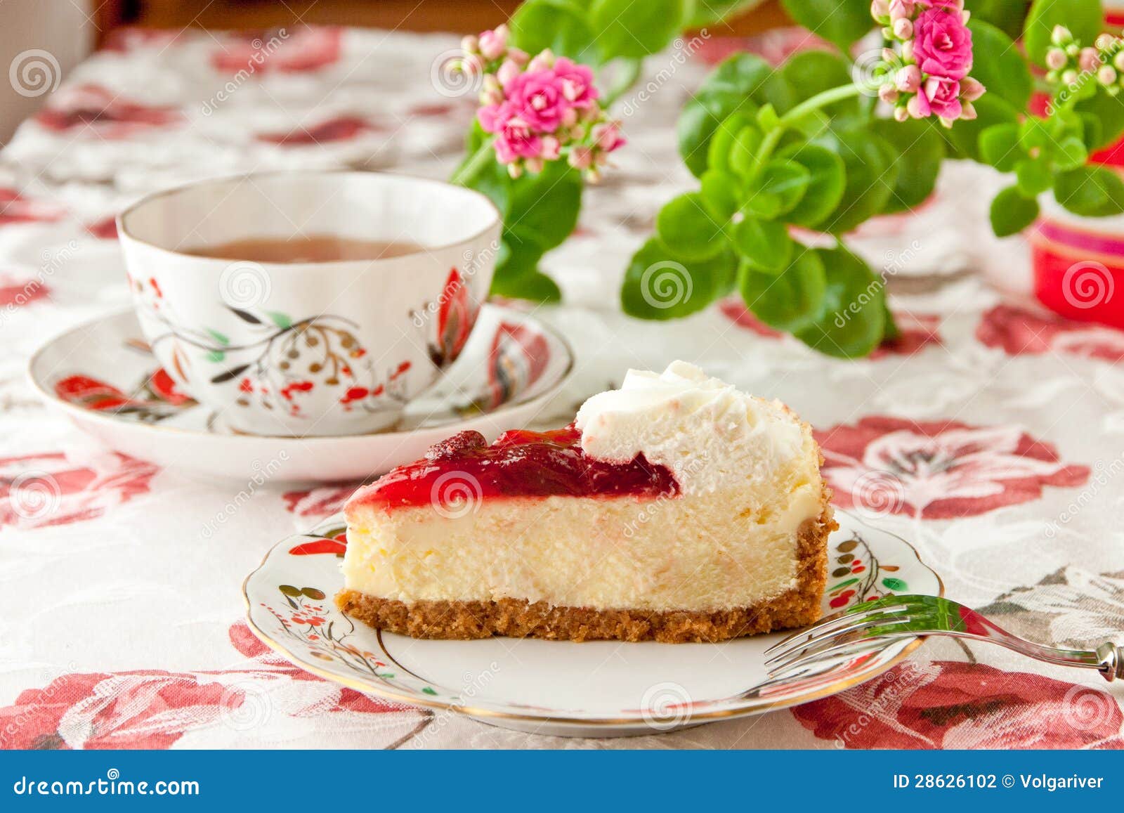 Tea Time. Strawberry Cheesecake and Cup of Tea Stock Photo Image of