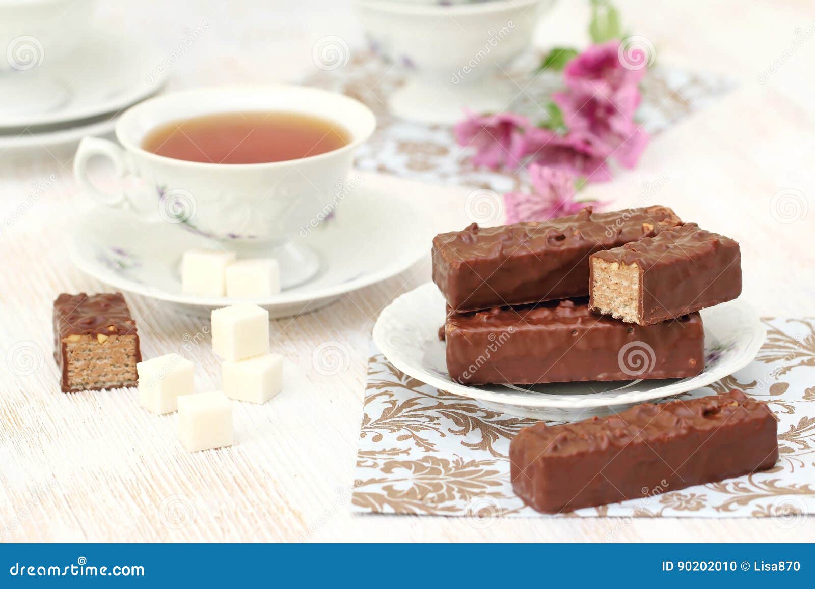 Tea and Waffles with Chocolate Cream and Nuts Stock Photo - Image of ...