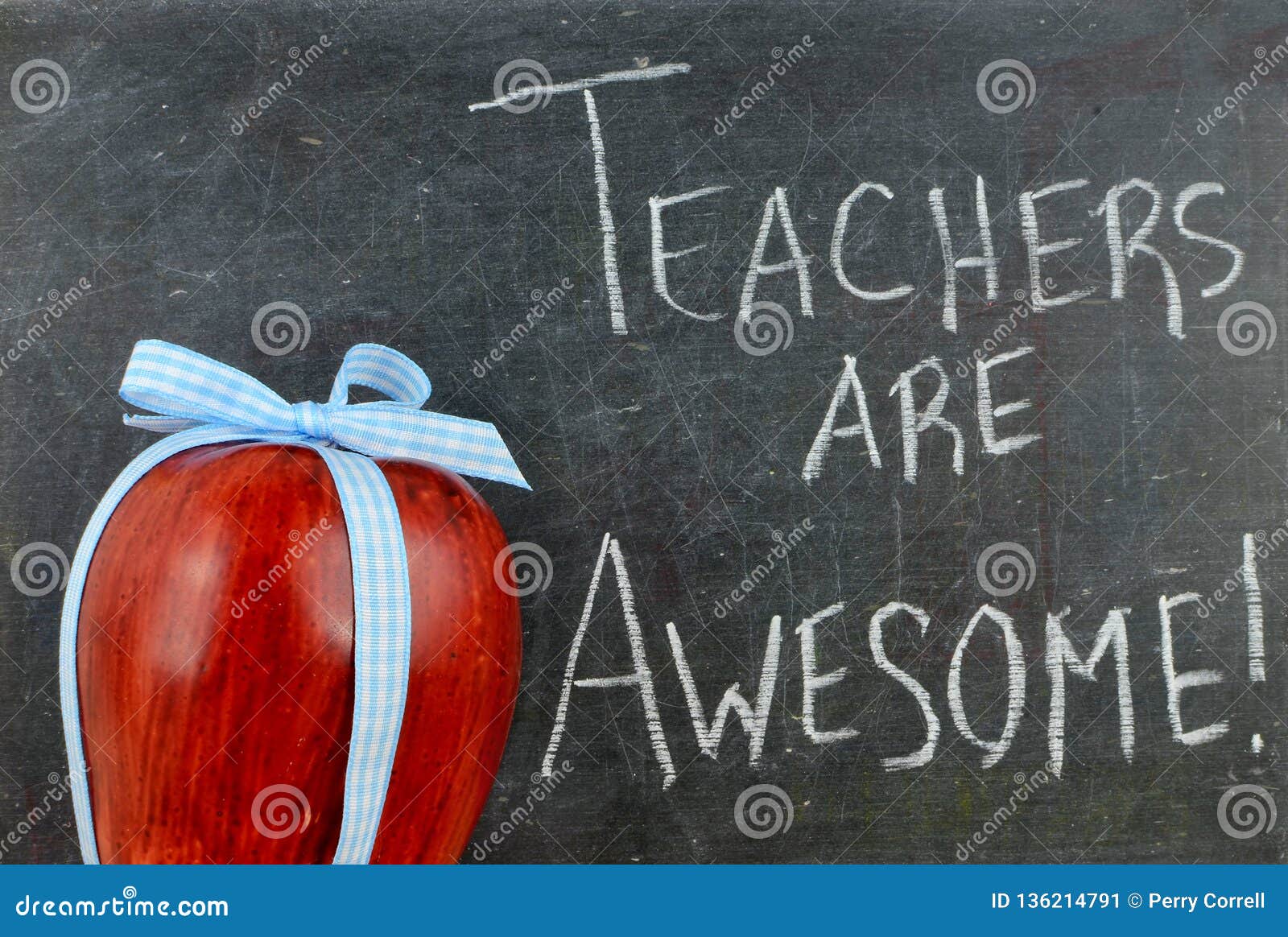 teacher appreciation image of a red apple tied up with a cute blue ribbon