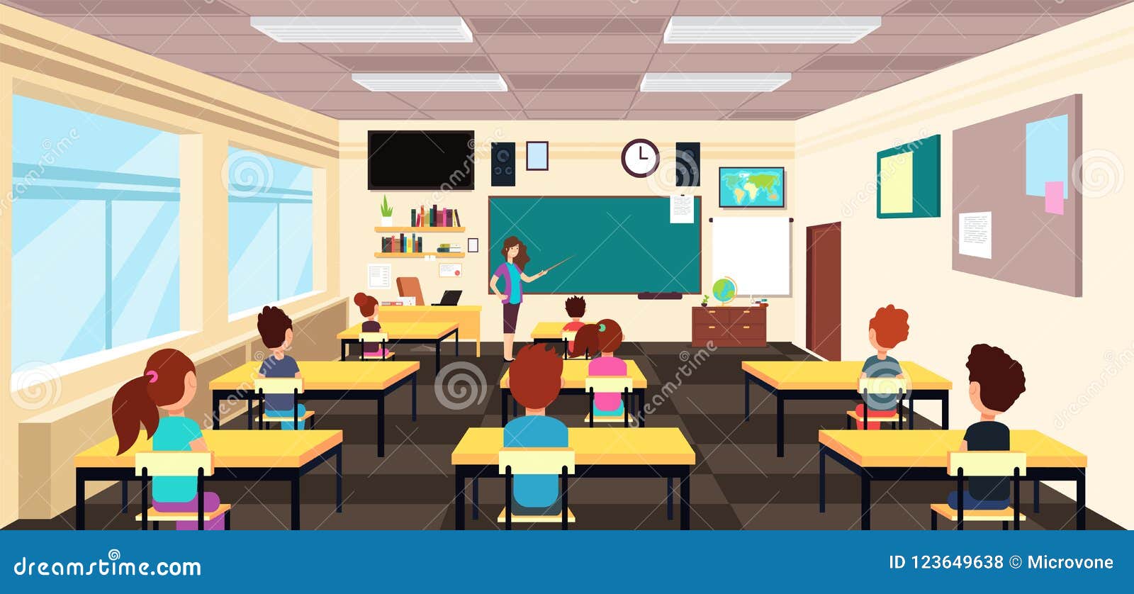 Teacher at Blackboard and Children at School Desks in Classroom