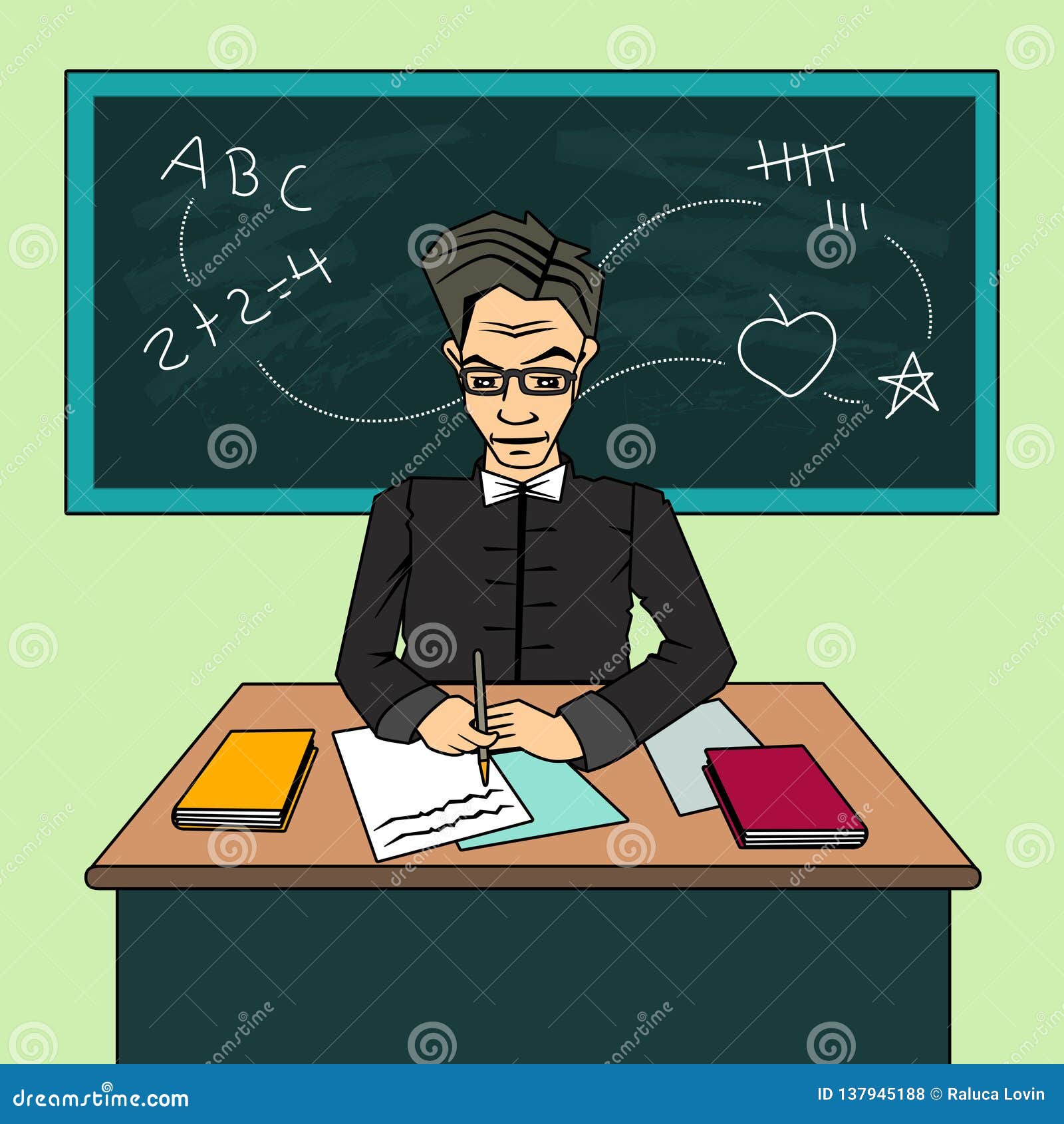 Teacher Cartoon Character Sitting At The Desk In The Classroom
