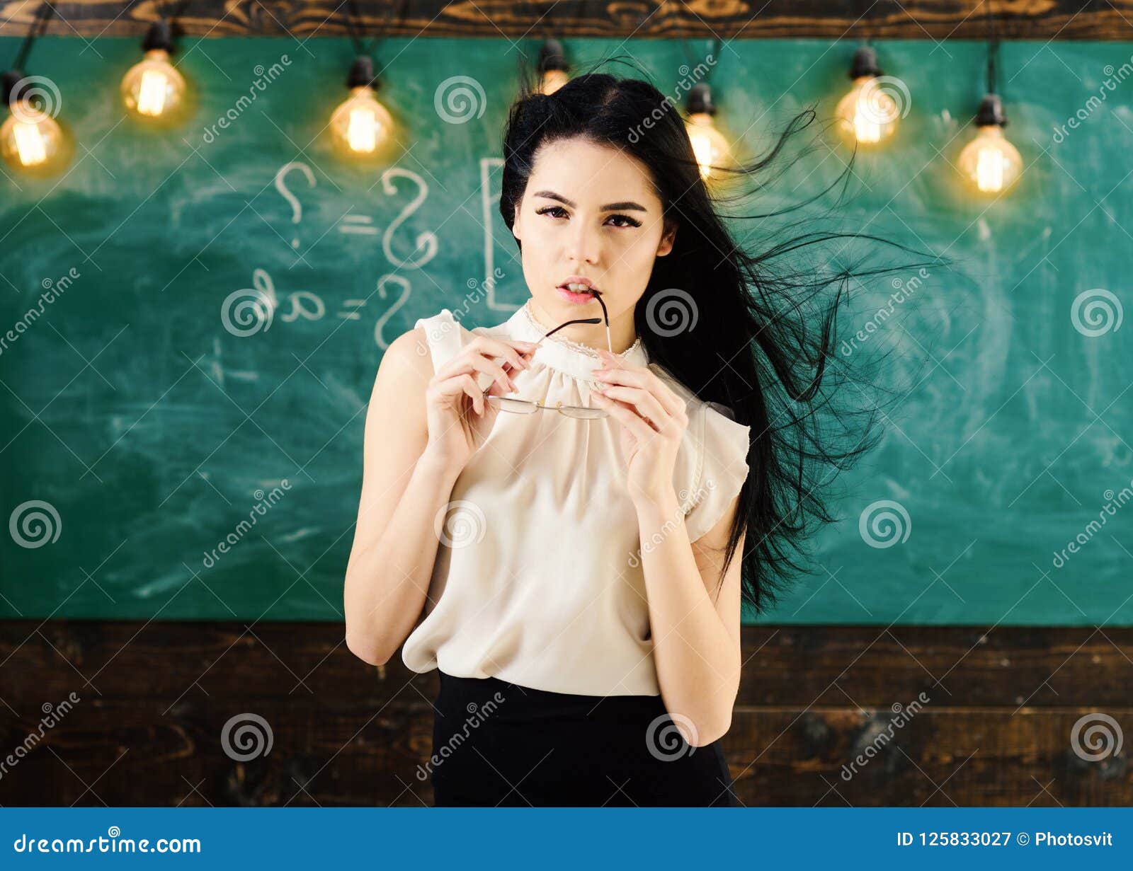 Schools Sexcyvideo - Teacher with Glasses and Waving Hair Looks Sexy. Woman with Long Hair in  White Blouse Stands in Classroom Stock Image - Image of blouse, adult:  125833027