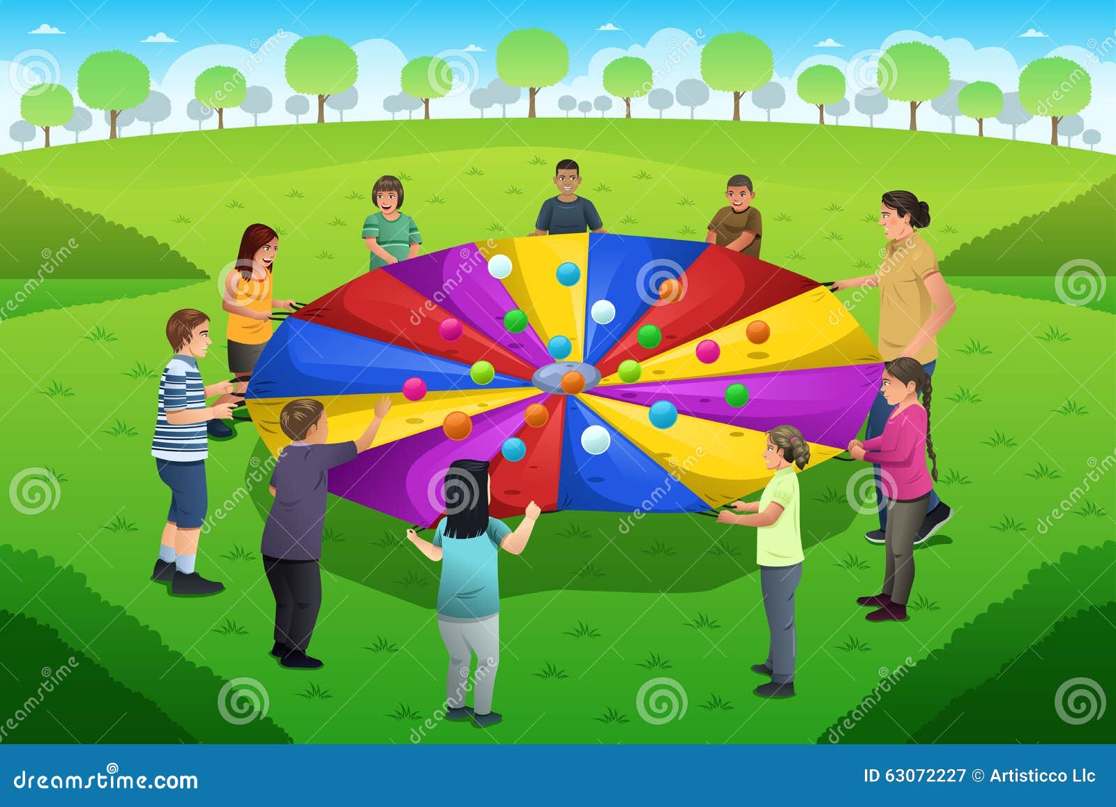 Teacher Student Playing Rainbow Parachute Stock Vector Illustration
