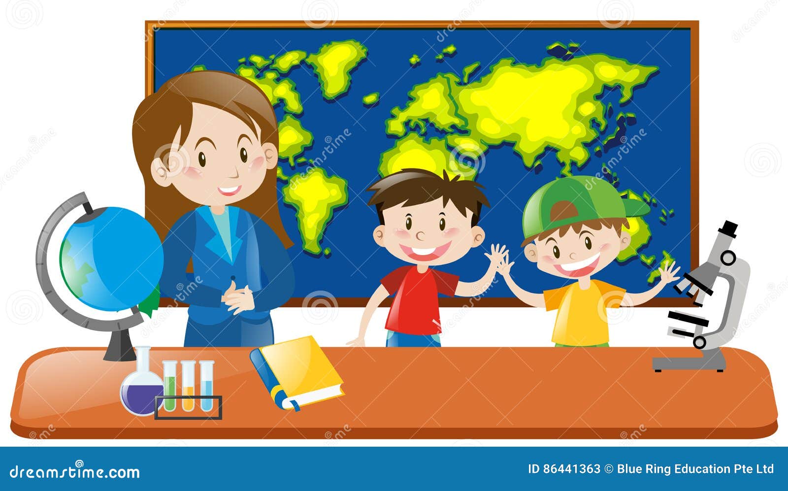 Teacher and Two Students in Geography Class Stock Vector Illustration