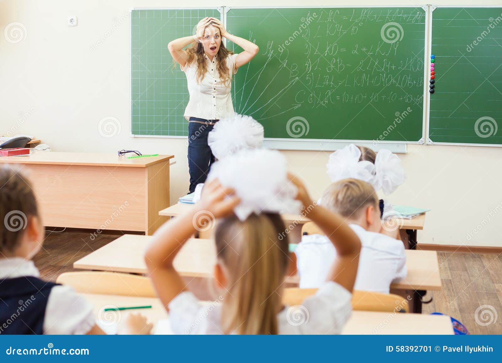 Teacher Woman In Stress Or Depression At School Classroom Stock Image