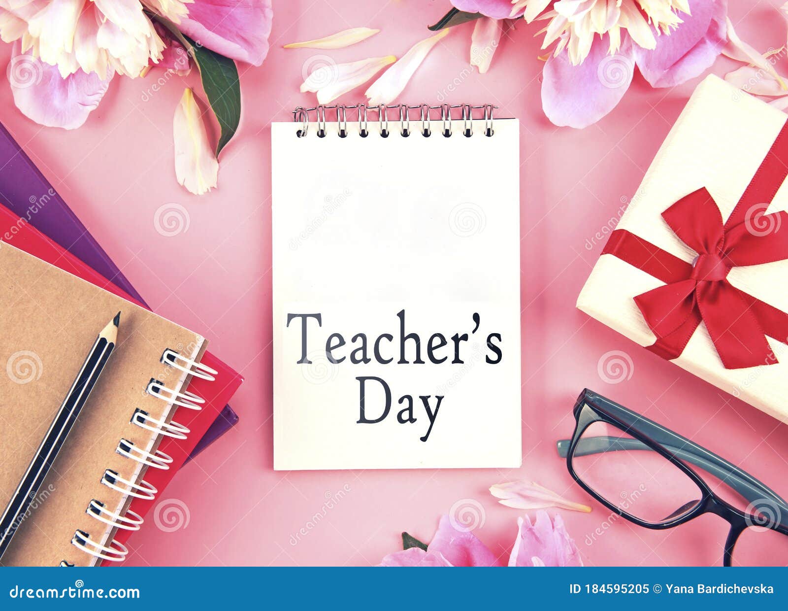 Teacher's Day concept. School supplies and greeting card on pink  background, top view Stock Photo - Alamy