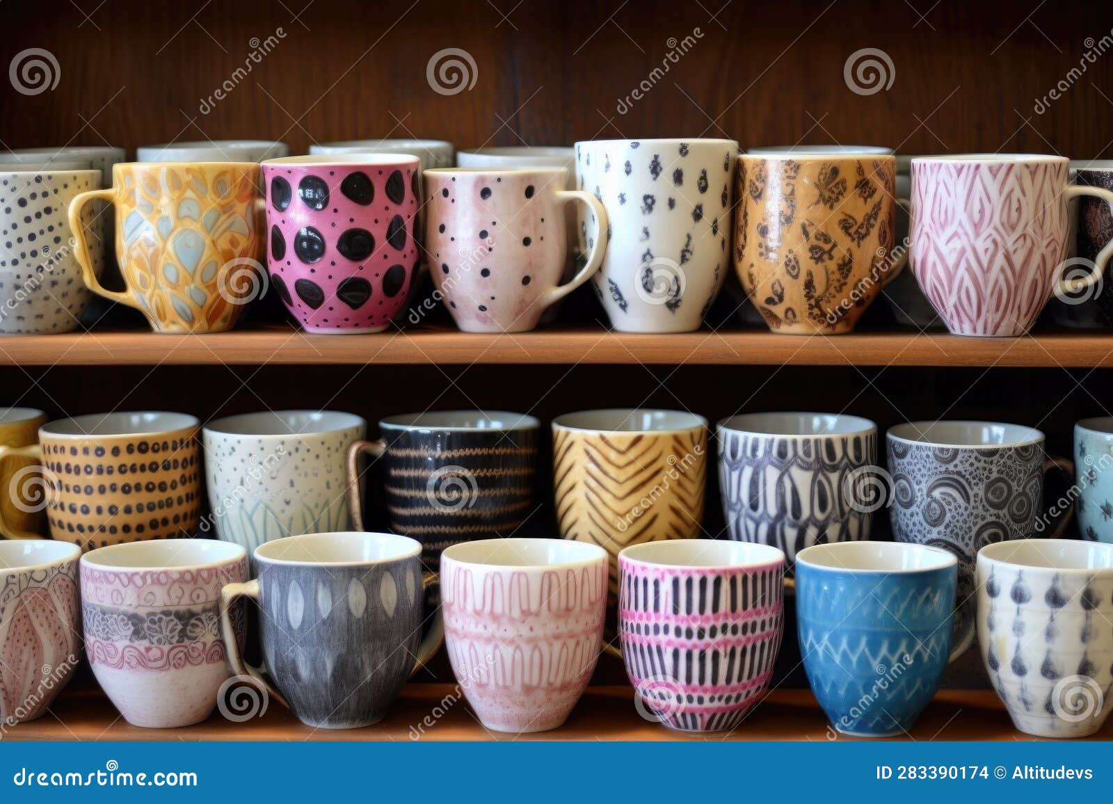 Teacup Collection with Different Patterns and Shapes Stock Photo
