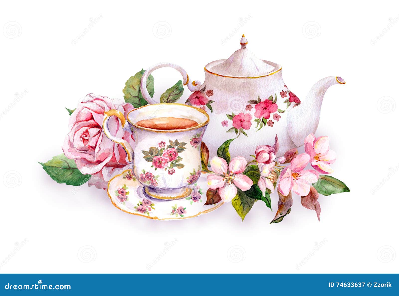 teacup, tea pot, pink flowers - rose and cherry blossom. watercolor