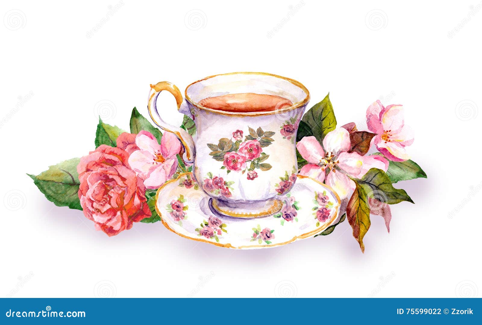 teacup and tea pot with pink flowers. watercolor