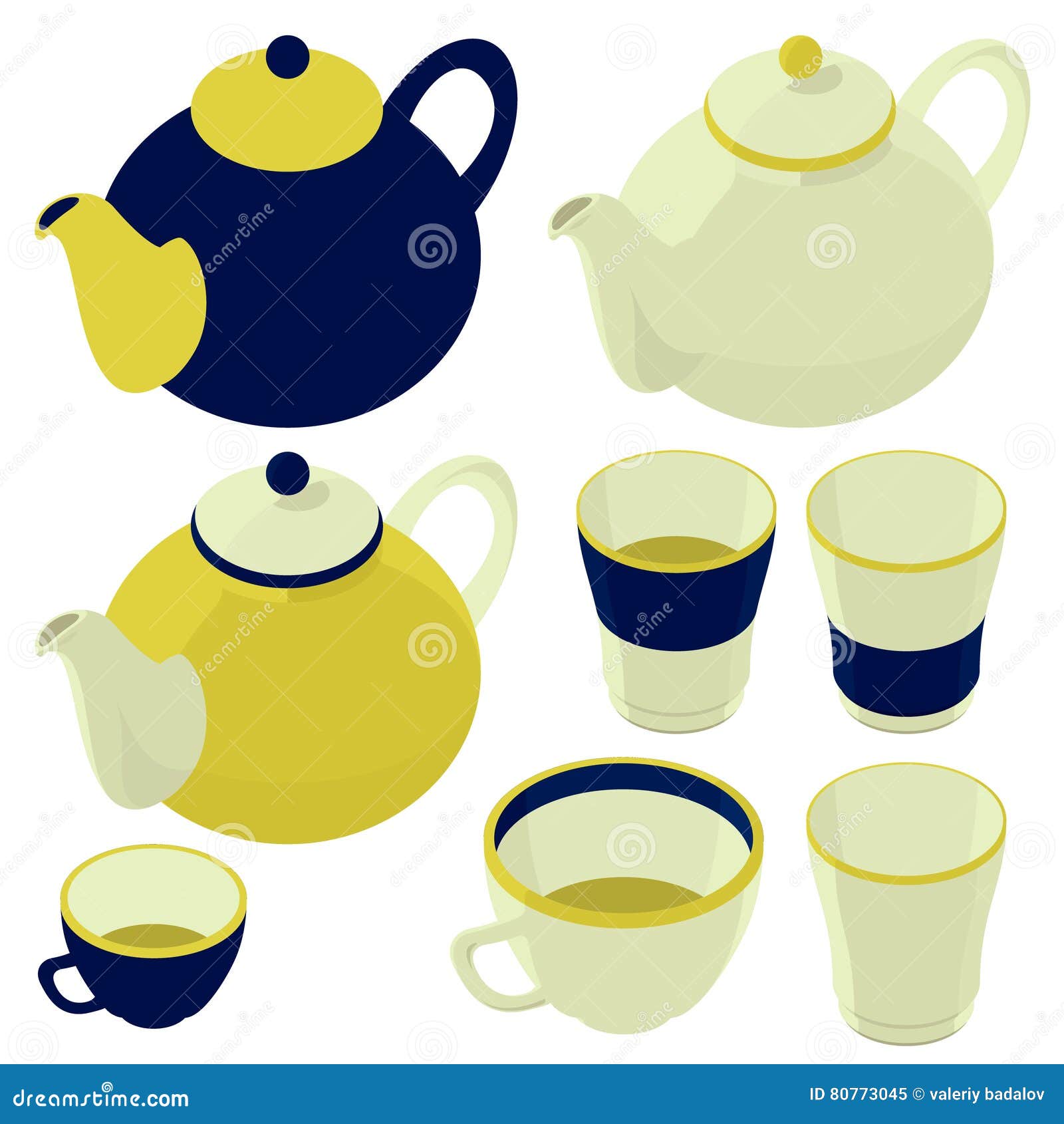 Teacup and Teapot, Kettle, Isometric Set Stock Vector Illustration of