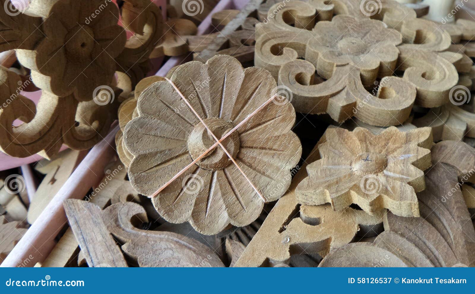Teak Wood Flower Carving for Decoration Interior Work Stock Image