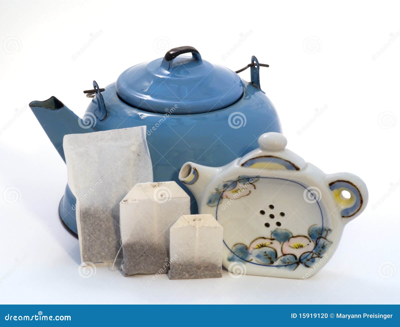 Teakettle, Tea Bags, & Teapot Shape Teabag Holder Stock Photo Image