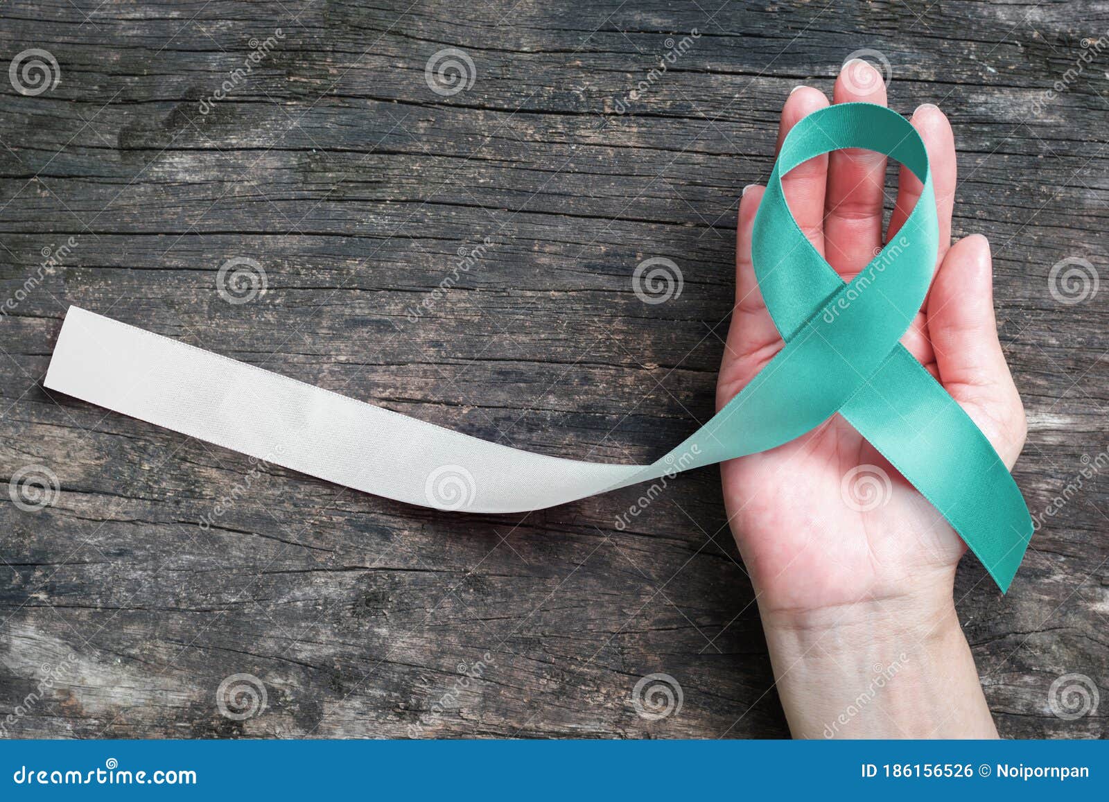 teal and white ribbon for cervical cancer awareness campaign concept ic bow color on woman helping hand support on old aged