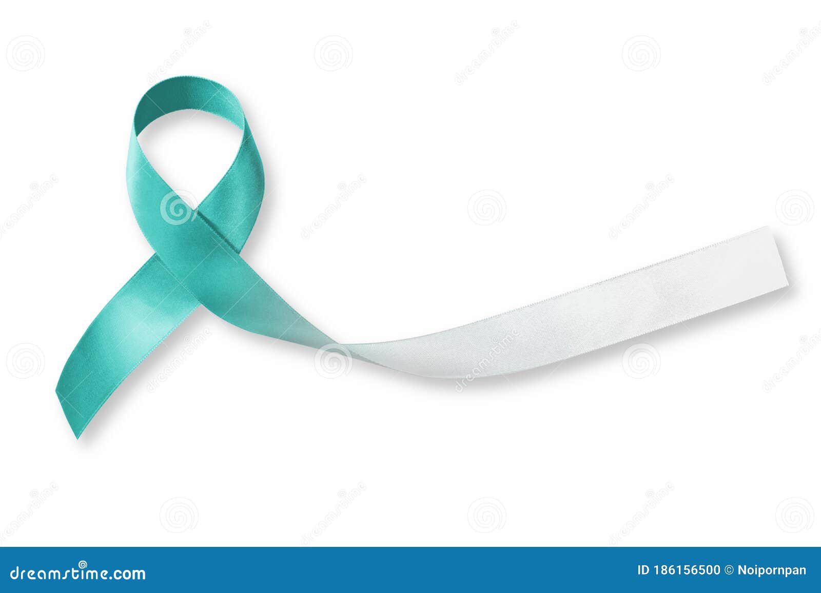 teal and white ribbon  on white background for raising awareness on cervical cancer