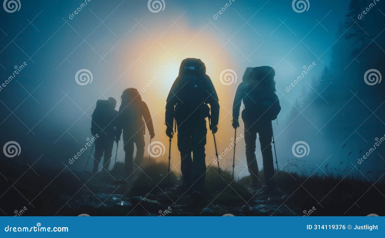 a team of adventurers identities concealed by the darkness forging ahead through the mist towards next mysterious