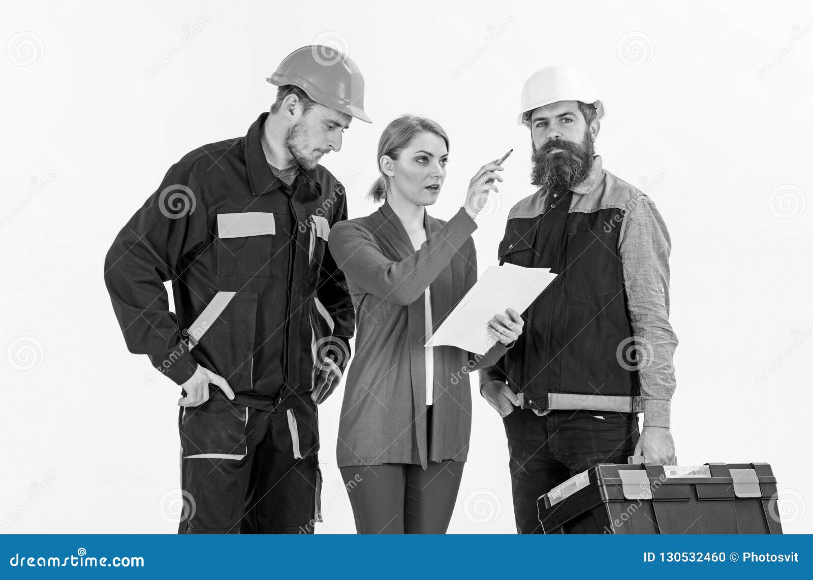 Team Of Architects Discussing Plan Isolated White Background Stock