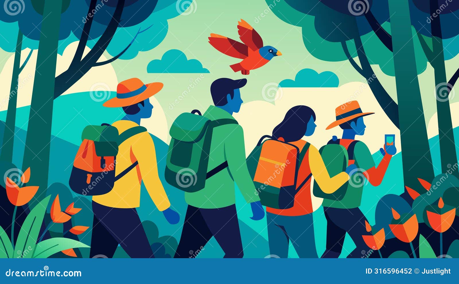 a team of birdwatchers trekking through a forest their backpacks filled with gear as they search for elusive reded