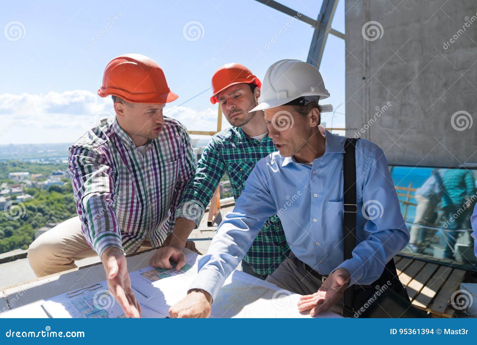 Team of Builders Working with Blueprint on Site Architect Explain