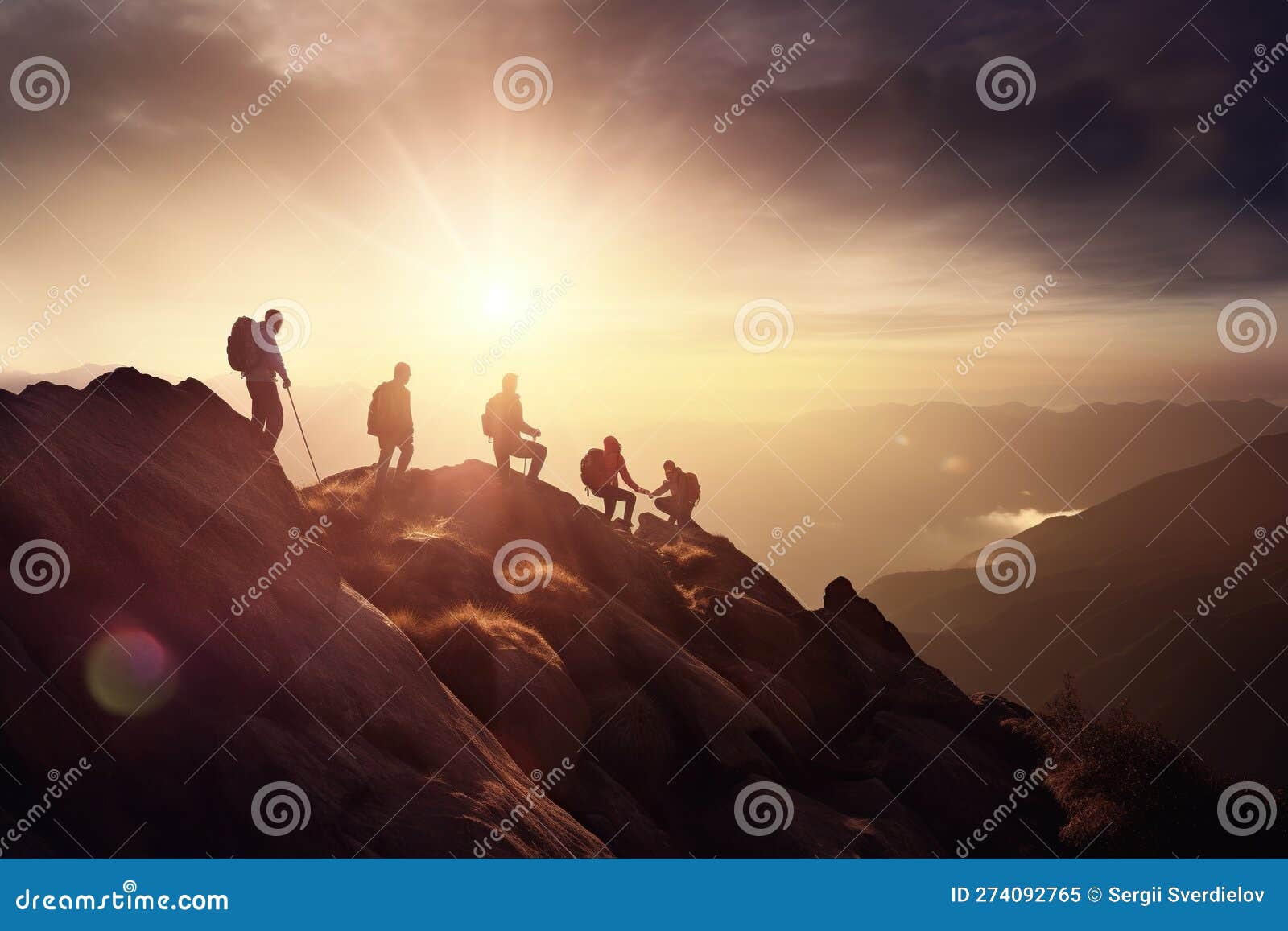 A Team of Climbers Work Together To Scale a Mountain, Navigating through Difficult Terrain and 