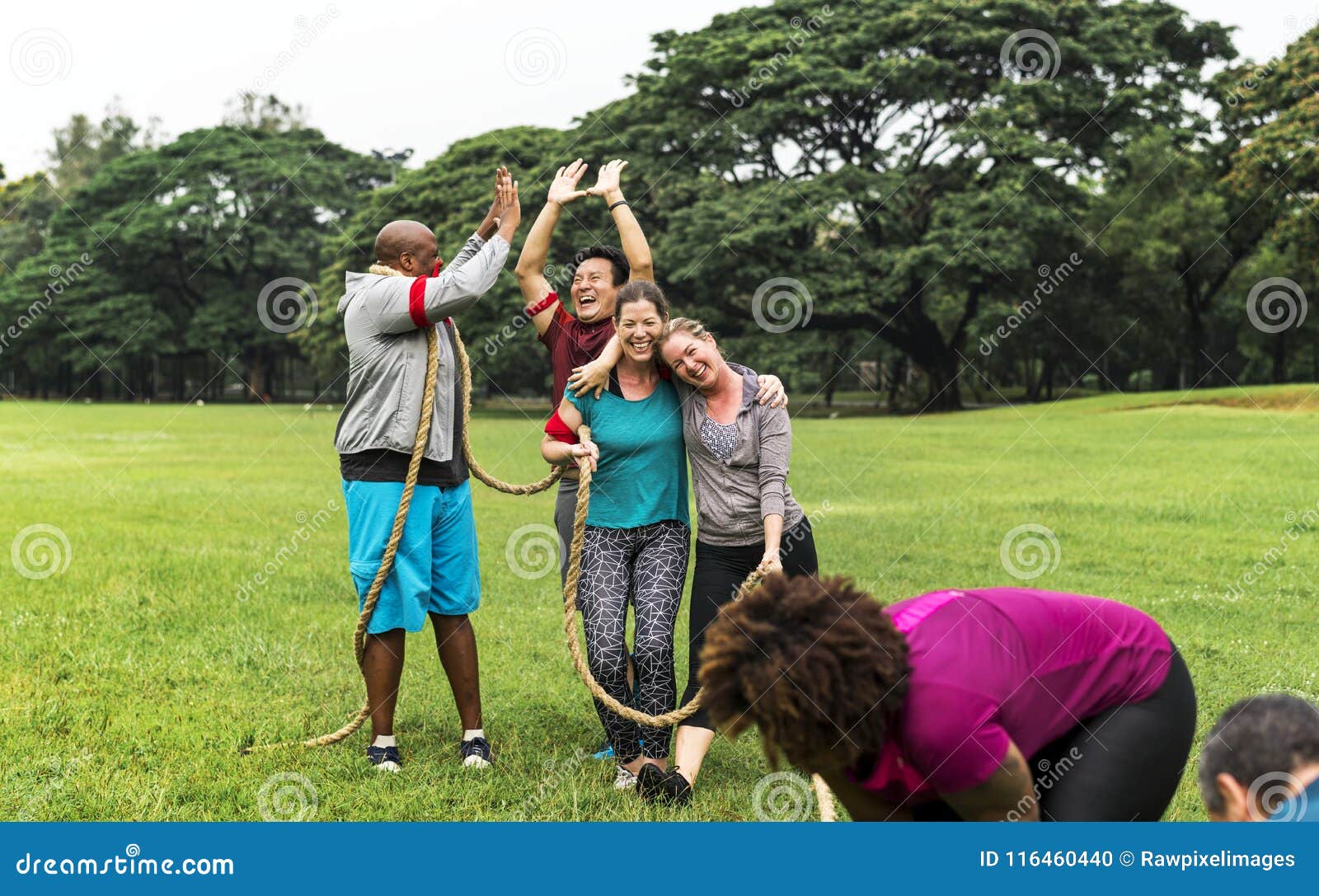 team competing in tug of war