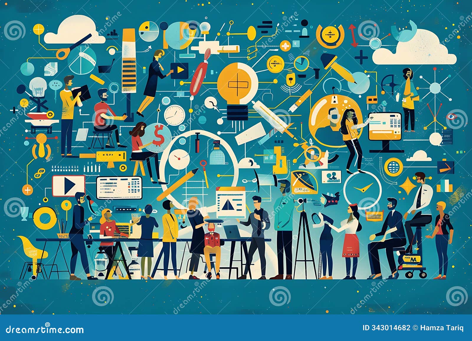 a team-focused poster with objects of innovation and collaborative work in the office
