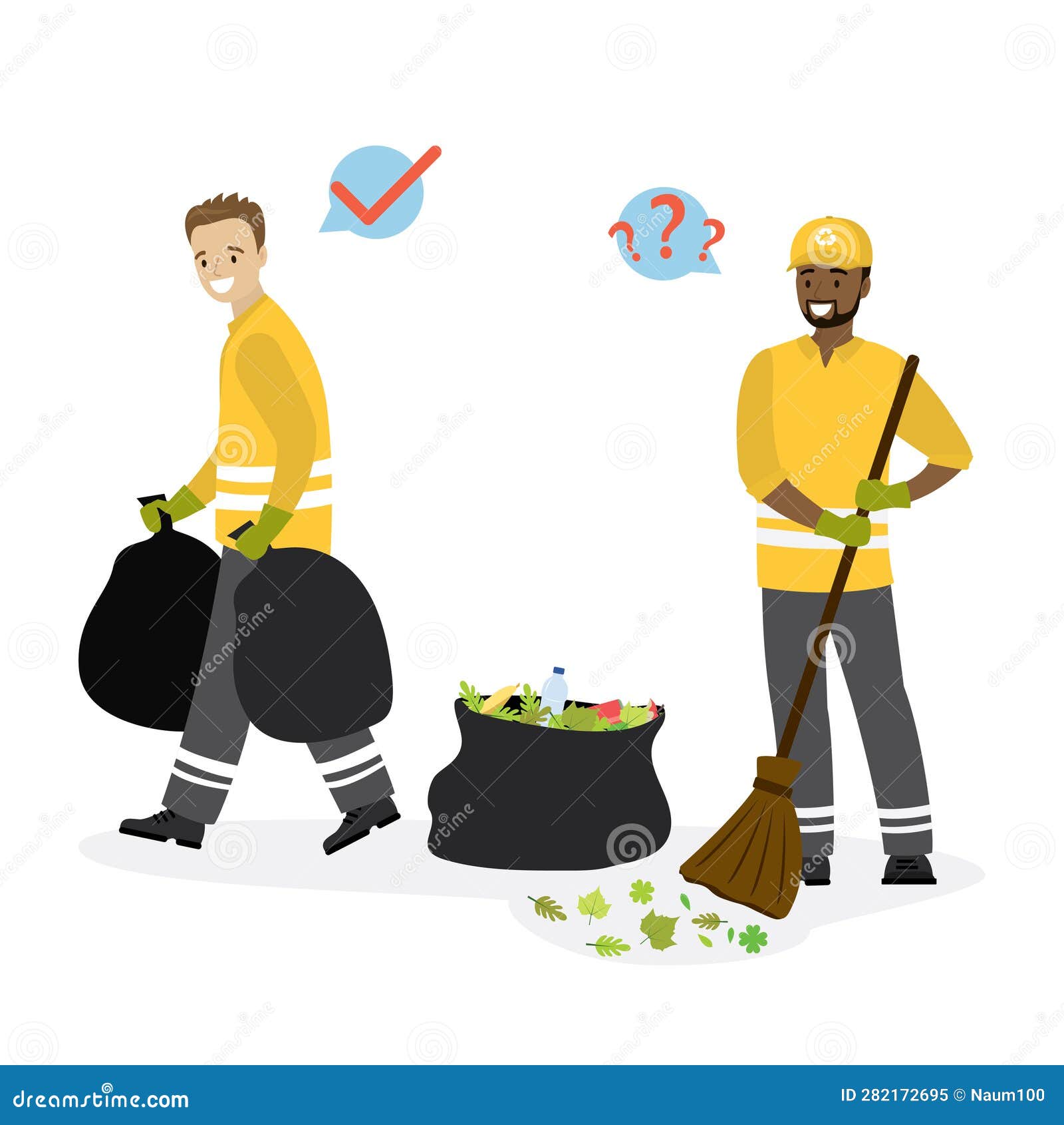 team of garbage collectors at work. multiethnic male workers in special uniform. two scavengers remove garbage, leaves. garbage