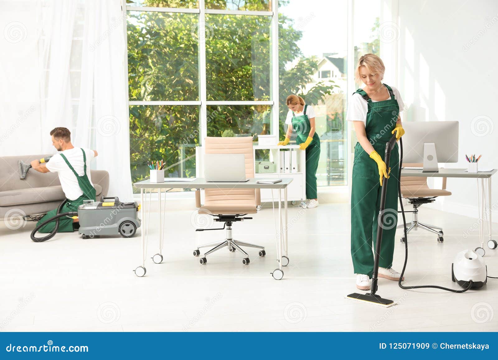Team Of Janitors In Uniform Stock Image Image of domestic, background