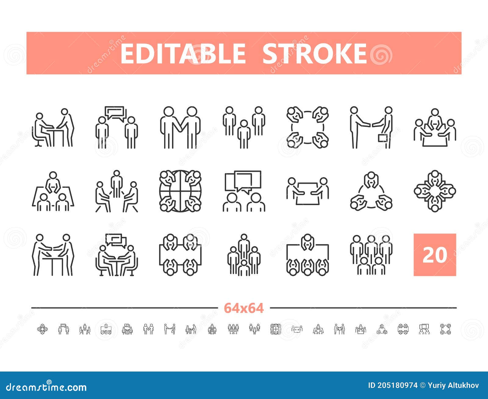 team 20 line icons.   in line style. editable stroke, 64x64, 256x256, pixel perfect.