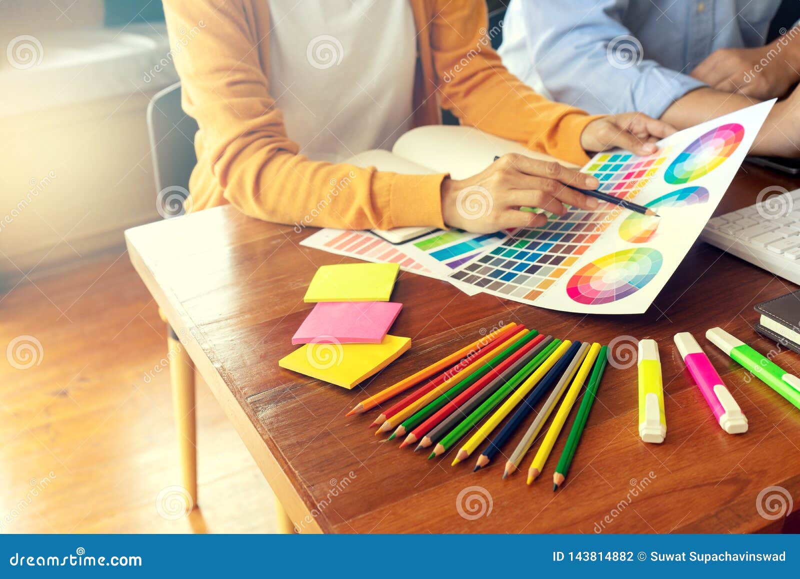 Team Work For Graphic Design Working On Wood Table Stock Photo - Image
