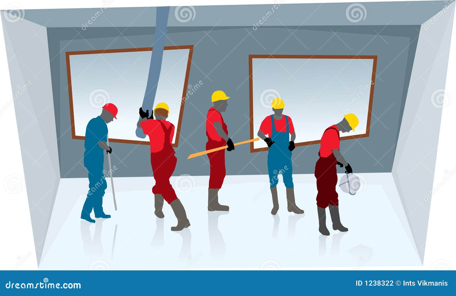 Teamwork of construction workers (vector). Team of construction workers building new concrete house