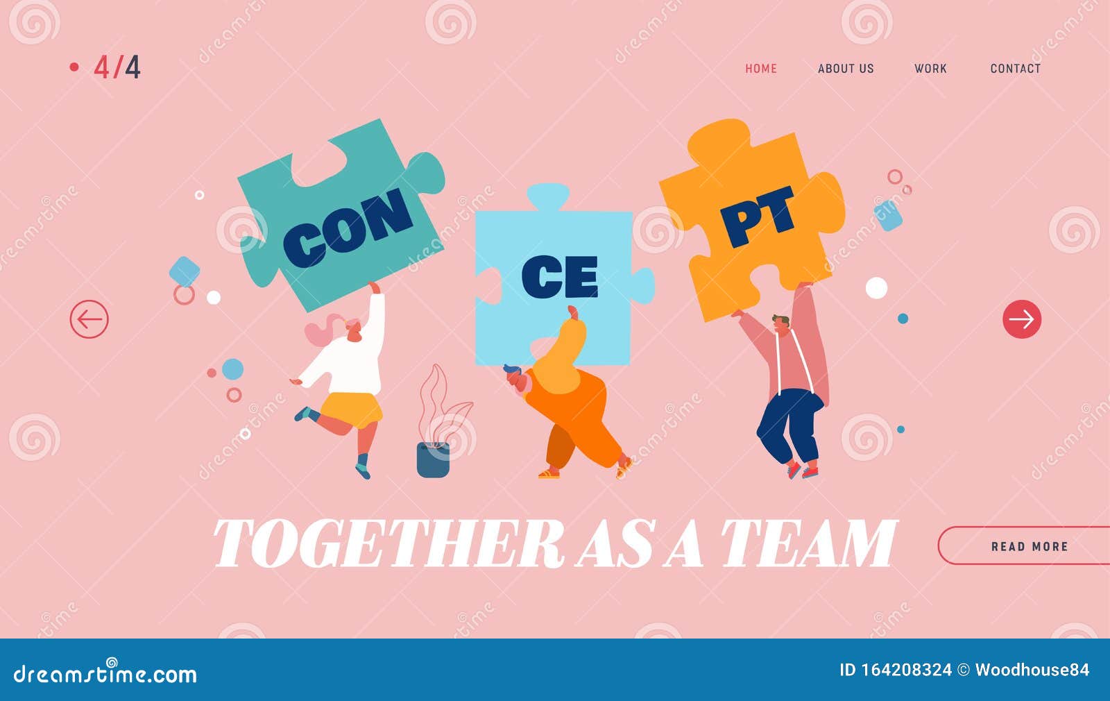 Teamwork Cooperation Concept site Landing Page. People Assembling Separated Puzzle
