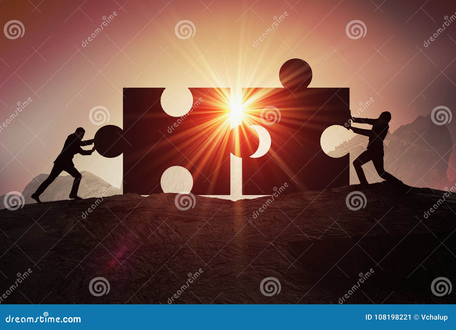 teamwork, partnership and cooperation concept. silhouettes of two businessman joining two pieces of puzzle together