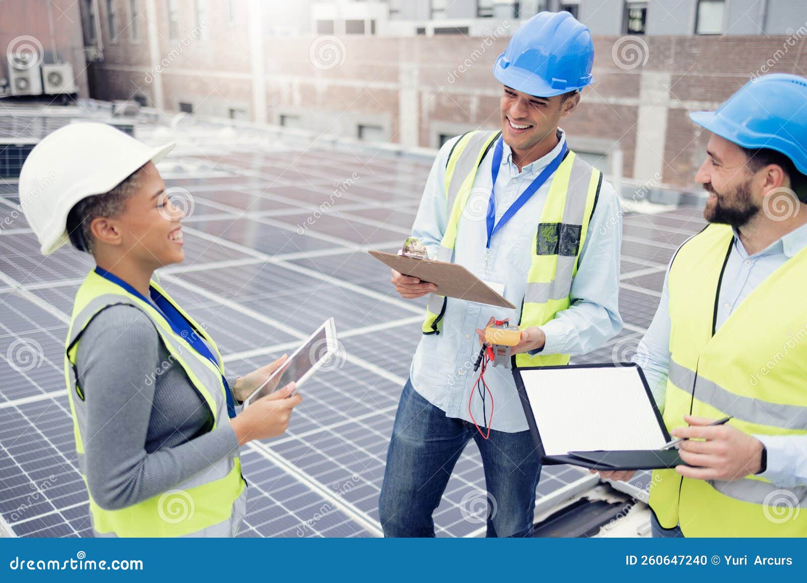Teamwork, Planning and Employees in Solar Panel Industry for Installation, Renewable Energy and