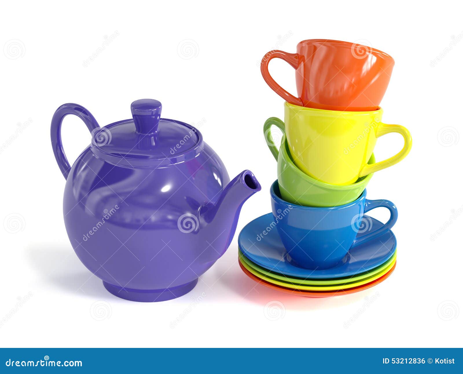 Teapot and Colorful Cups on White Background Stock Illustration