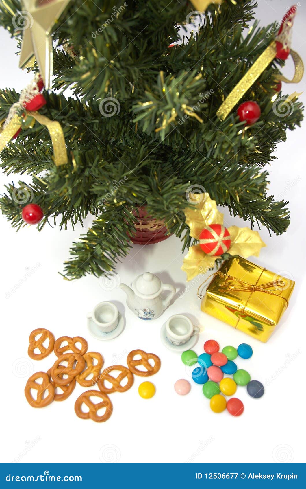 Teapot with Cup and Under Cristmas Fir Tree Stock Image Image of
