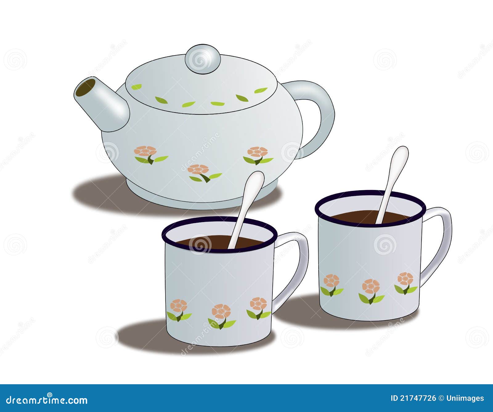 Teapot and Cups. A teapot decorated with flowers and two cups.