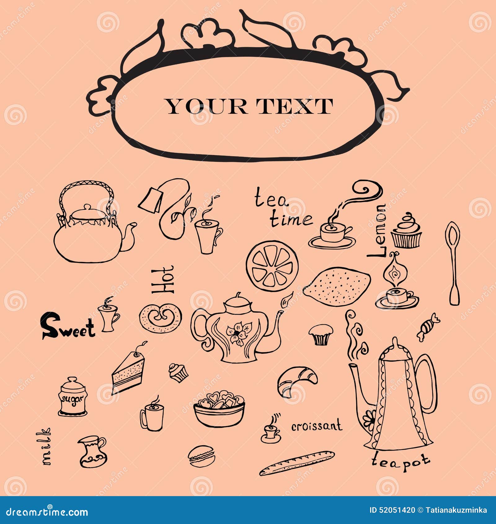 Teapot, Cups, Cakes, Lemon and Words Stock Vector Illustration of