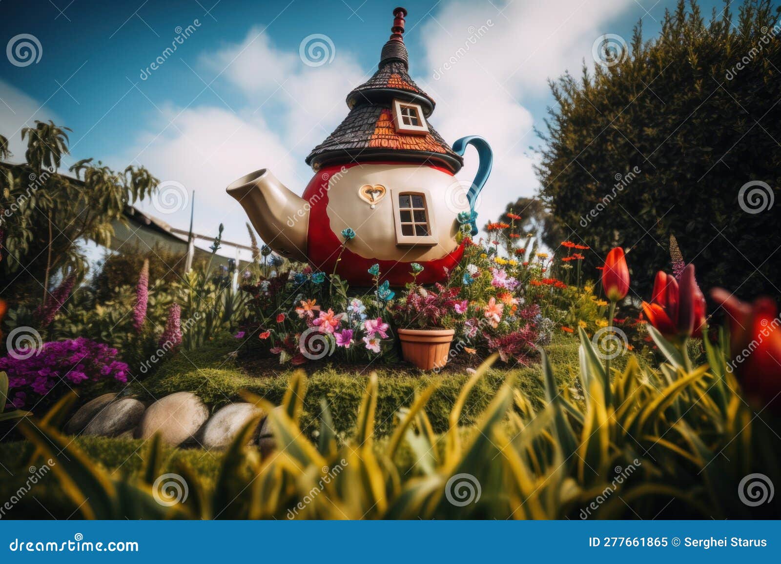 A Teapot Shaped Like a House in a Garden. Generative AI Image. Stock