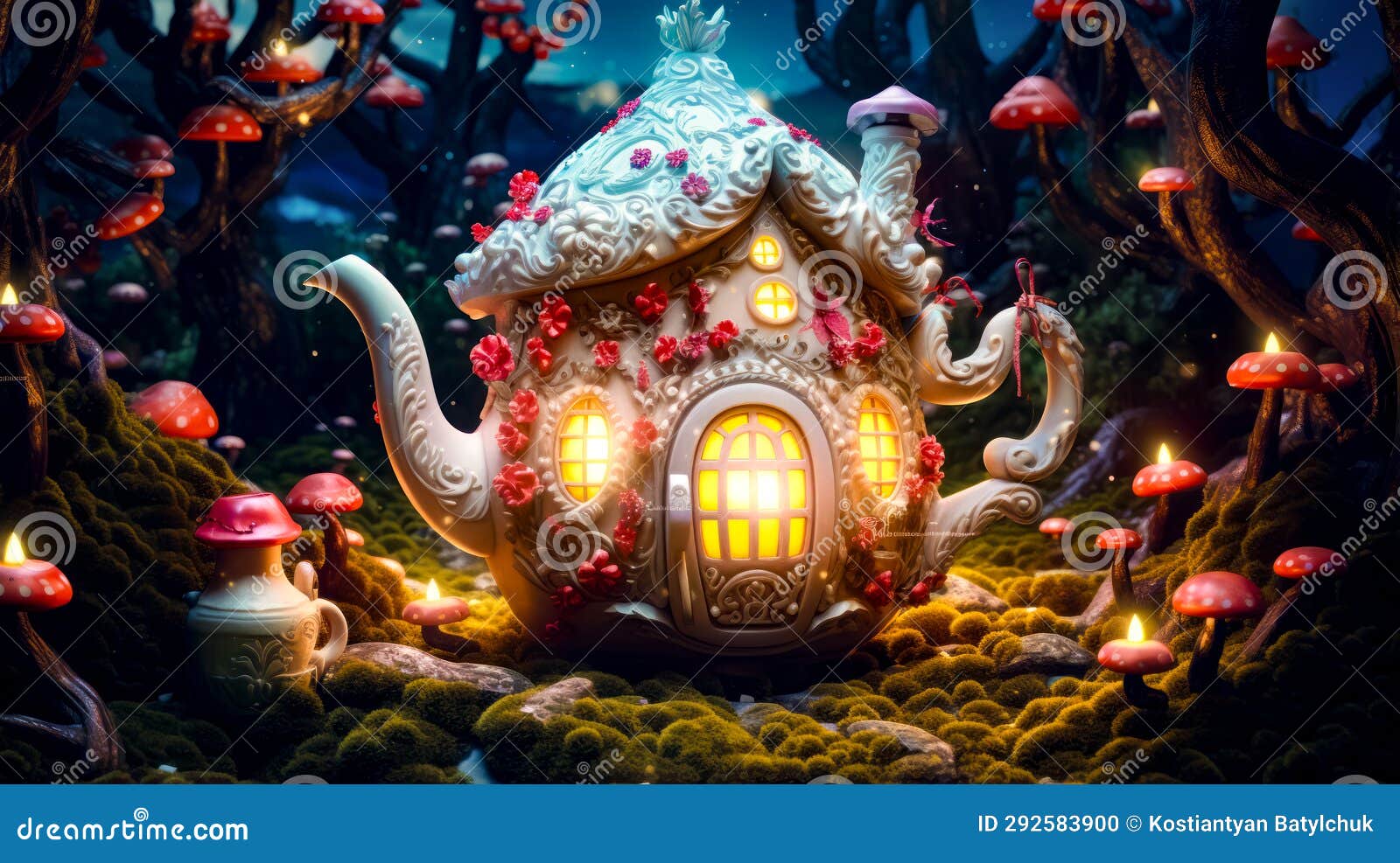Teapot Shaped Like House in the Middle of Forest Filled with Mushrooms