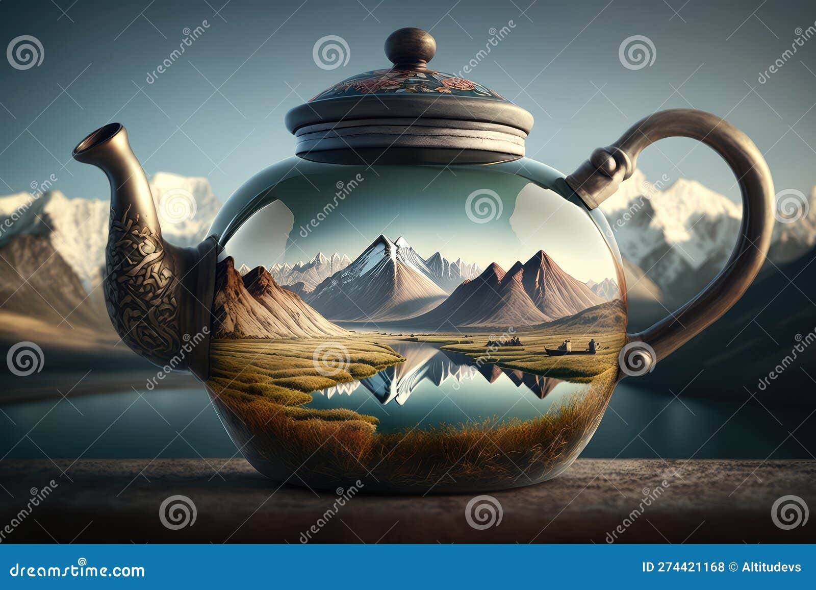Teapot with View of Spectacular Mountain Range Stock Illustration